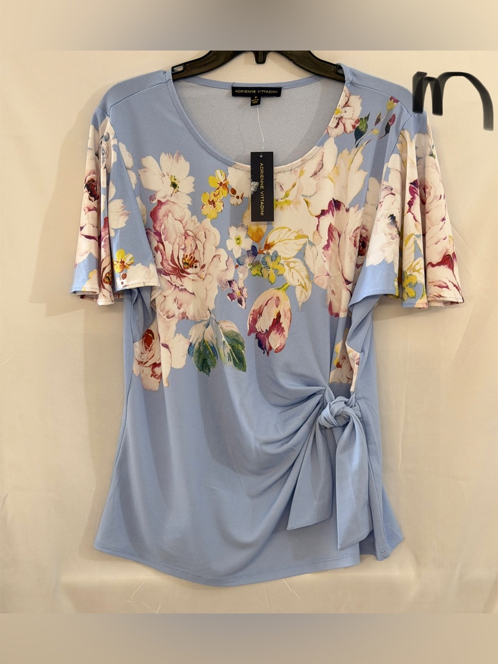 Adrienne Vittadini Light Blue Floral Tie-Detail Short Sleeve Top